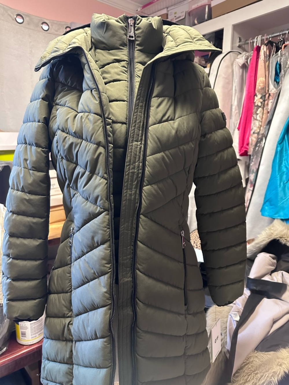 DKNY Olive Green Quilted Long Puffer Coat